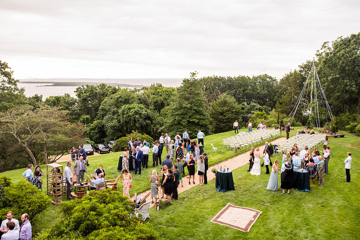 view from above of outdoor wedding reception at Water Witch Club in New Jersey