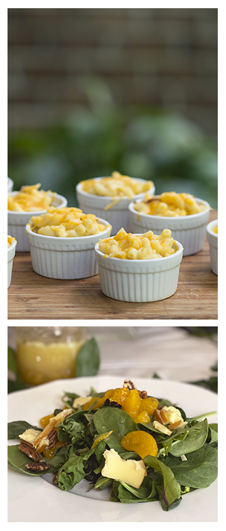 individual servings of macaroni and cheese with a citrus salad