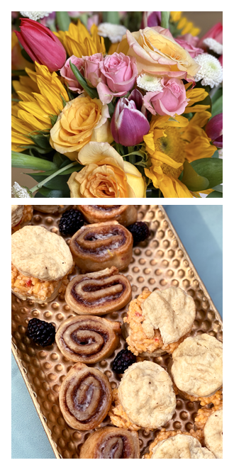 Mother's Day bouquet, cinnamon rolls, and pimiento cheese biscuits