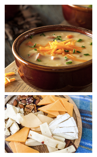 bowl of beer cheese soup and cheese board